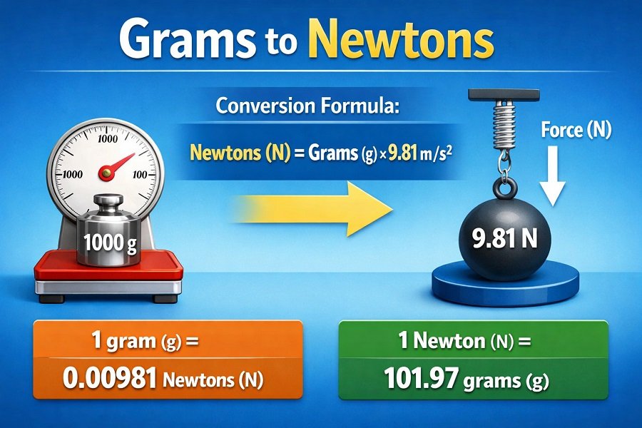 Grams to newtons conversion diagram showing gram force (gf) to newton formula, SI derived unit of force symbol N, and standard Earth gravity 9.80665 m/s2