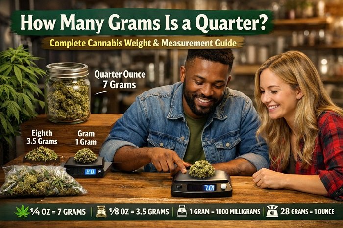 Digital kitchen scale showing 7.0874 grams for a quarter ounce of cannabis with a measurement reference chart