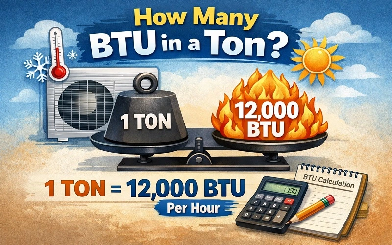 How many BTU in a ton showing 1 ton equals 12,000 BTU per hour