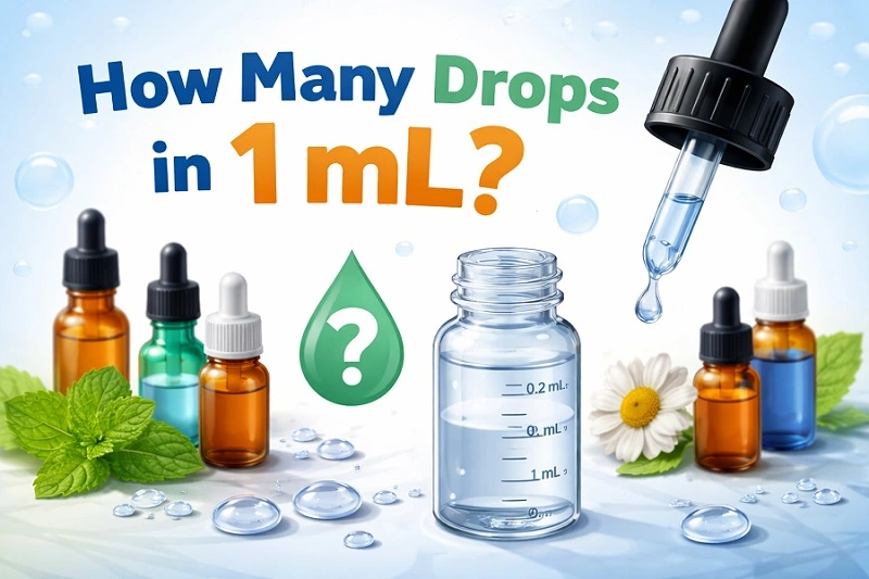 Infographic answering how many drops in 1 mL: a medicine dropper releasing exactly 20 drops into a 1 mL measuring cylinder, with labels for water, eye drops, and essential oil conversion rates