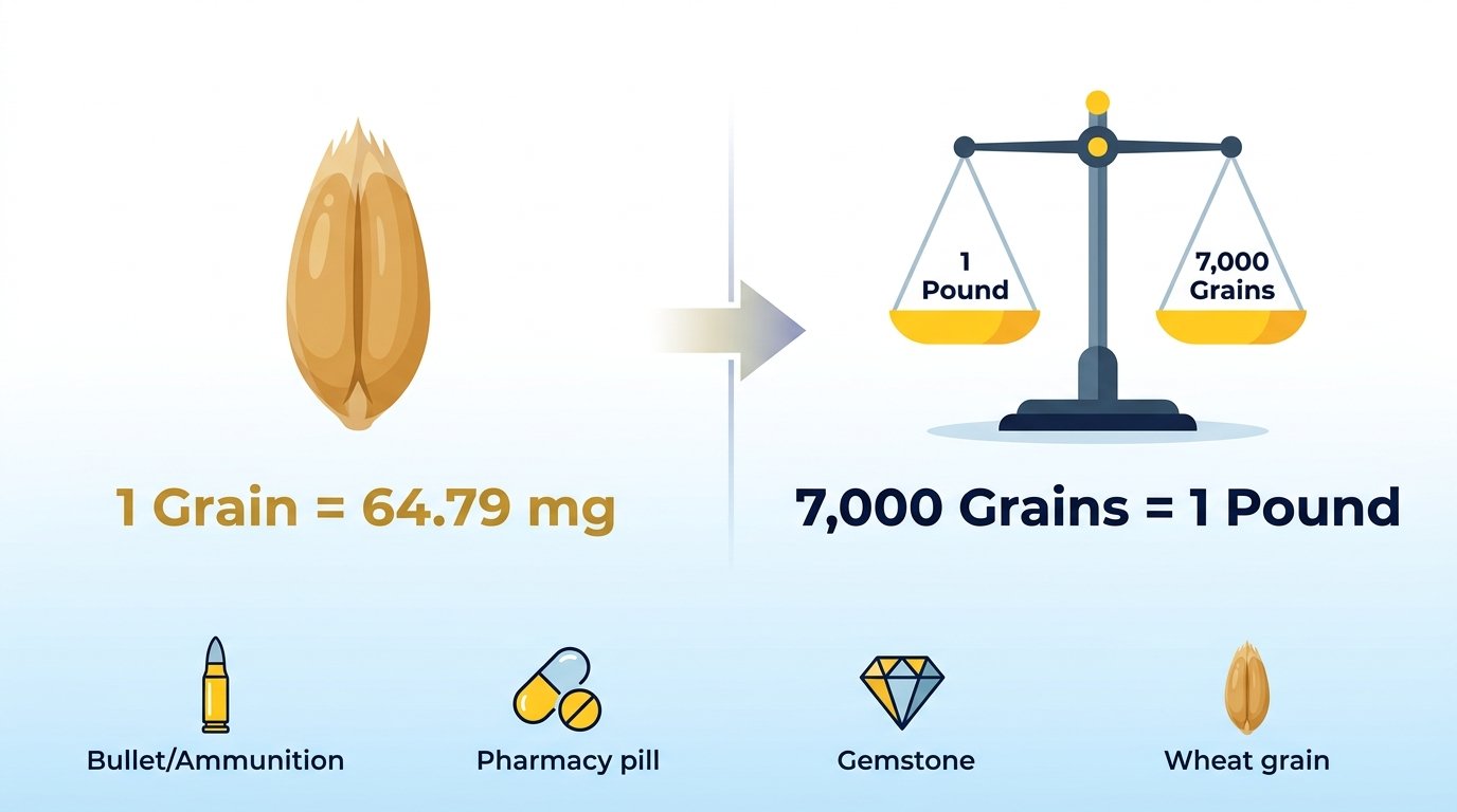 Infographic showing grain to pound conversion: 1 grain equals 64.79 milligrams and 7,000 grains equal one pound, with icons for ammunition, pharmacy pills, gemstones, and wheat grains
