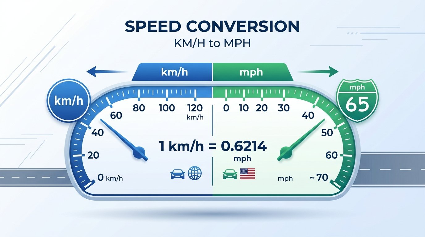 Speed conversion infographic showing km/h to mph conversion formula on a dual-scale speedometer with metric and US highway signs, illustrating 1 km/h equals 0.6214 mph