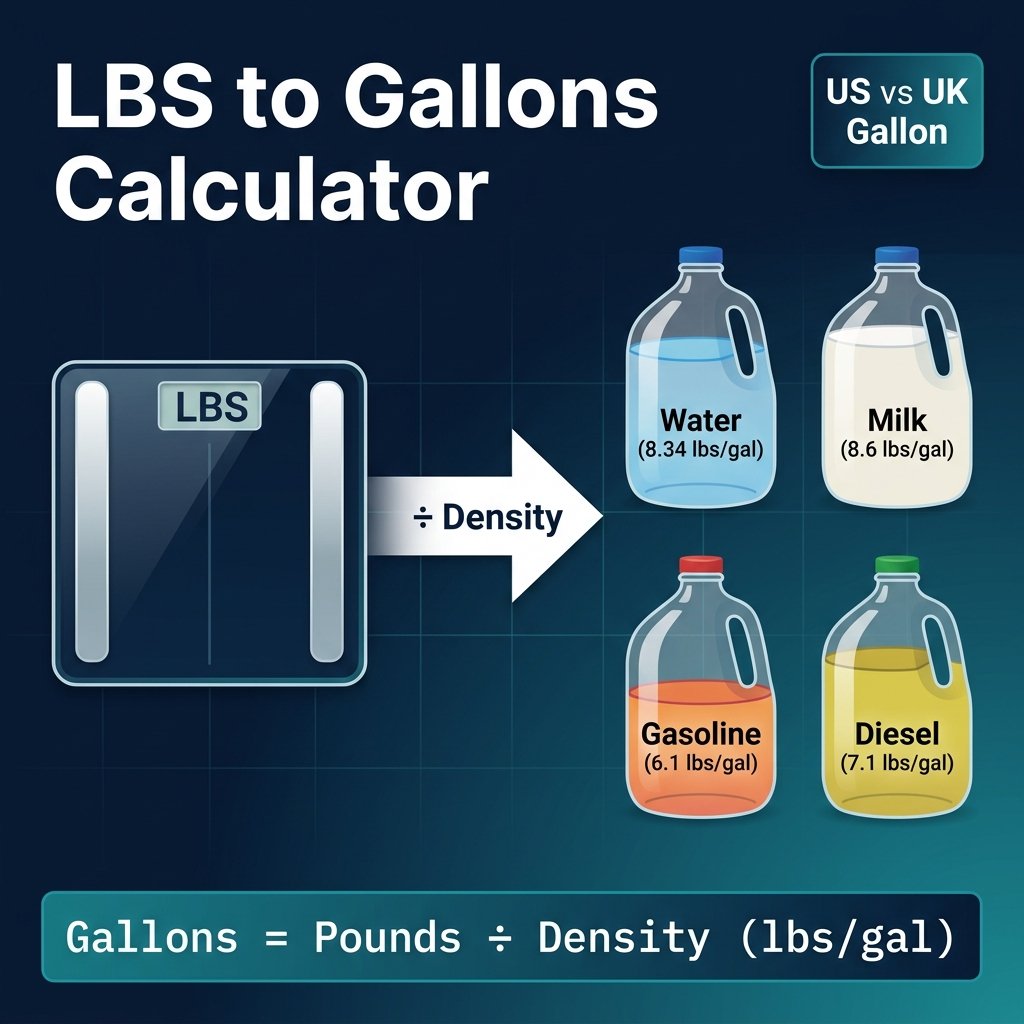 LBS to Gallons Calculator infographic showing a digital scale on the left displaying weight in pounds, a division symbol in the center with the label Divide by Density, and four labeled gallon jugs on the right for water at 8.34 lbs per gallon, milk at 8.6 lbs per gallon, gasoline at 6.1 lbs per gallon, and diesel at 7.1 lbs per gallon, with the conversion formula Gallons equals Pounds divided by Density displayed prominently on a navy blue and teal background