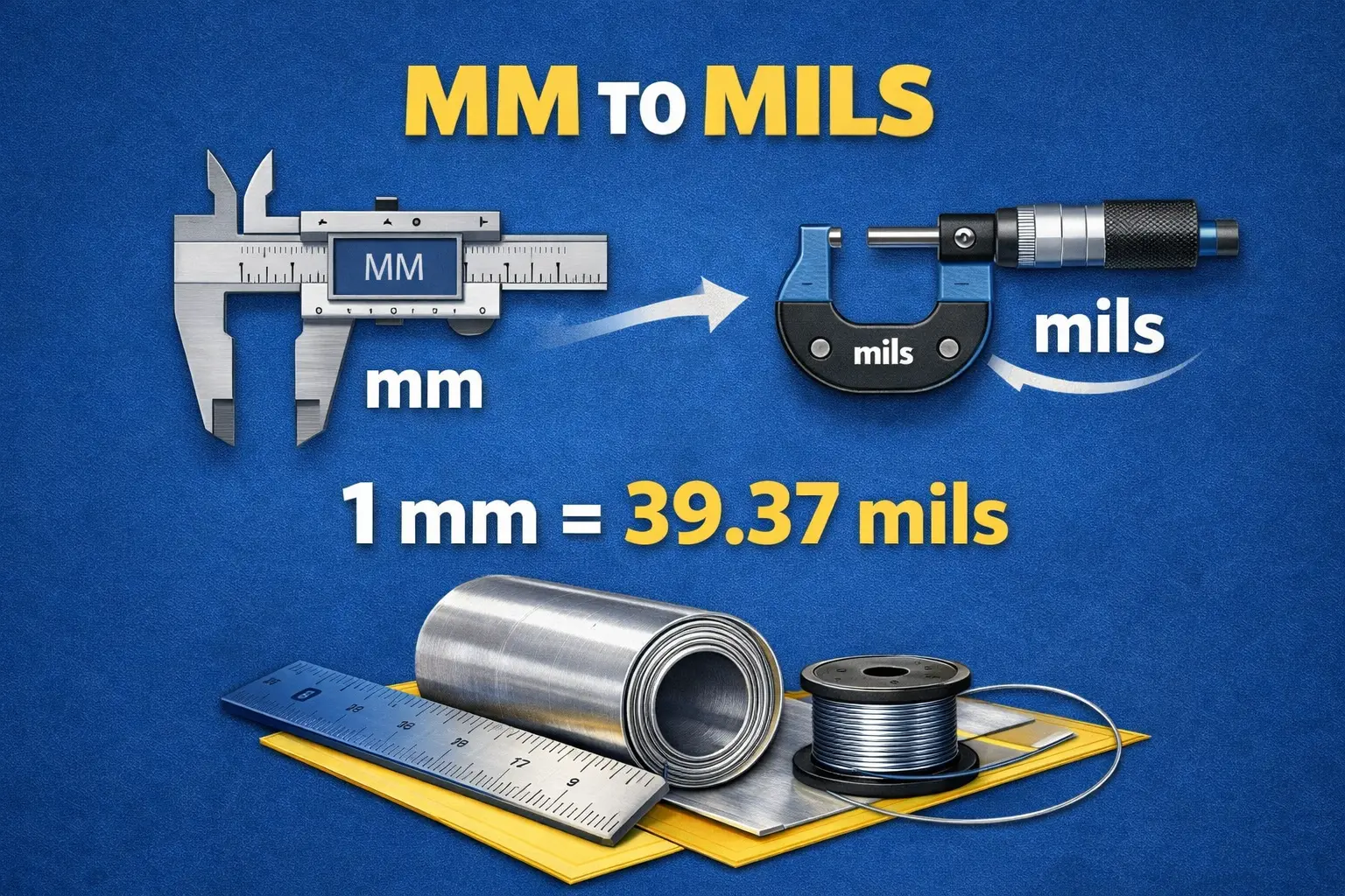 MM to Mils Conversion Chart showing conversion from millimeters to mils with caliper and micrometer tools demonstrating 1 mm equals 39.37 mils formula