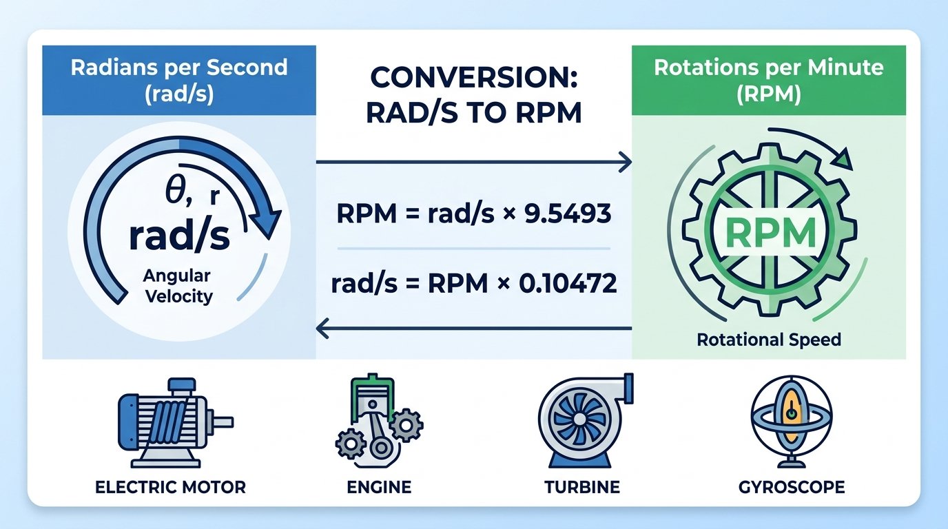 Infographic showing radians per second to RPM conversion formula with angular velocity diagram, spinning gear, and conversion equations: RPM equals rad/s times 9.5493, with icons for electric motor, engine, turbine, and gyroscope